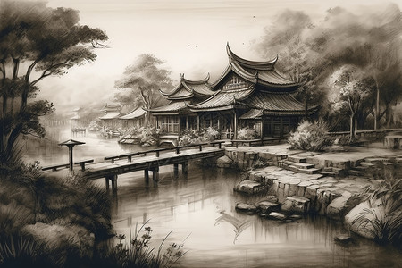 花园中式中式花园与池塘插画