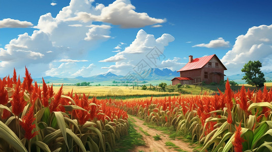 地性标建筑乡村的红高粱地插画