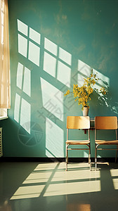 蓝色课桌阳光照耀下室内空间设计图片