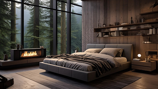 森林卧室温馨现代的卧室布局设计图片
