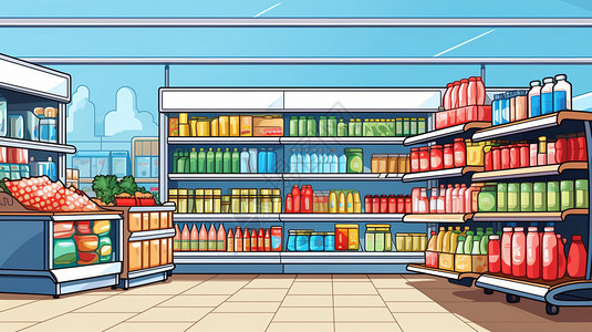 线条排列超市货架上的各种商品插画