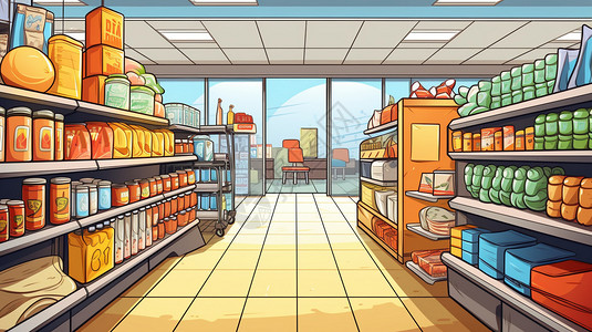 线条排列琳琅满目的超市货架插画