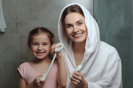 刷牙的母女图片