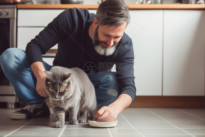 男子喂养宠物猫图片
