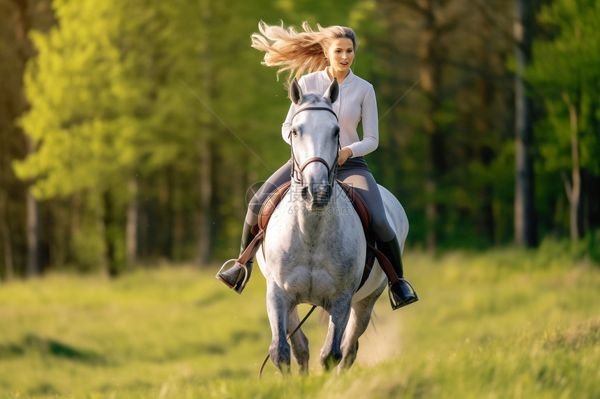 森林中骑马的女子图片