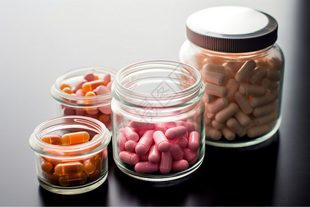 碗和罐子中的片剂和维生素背景图片