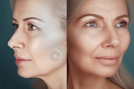 皮肤衰老对比衰老前后女性皱纹的概念背景