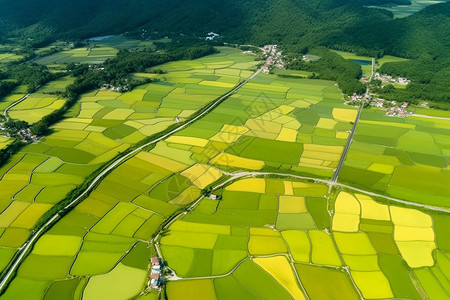 分布的稻田的鸟瞰图背景