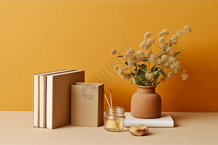 书籍旁的花瓶背景图片