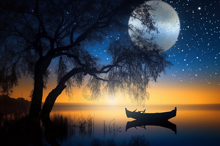 月亮小船明亮的月夜设计图片