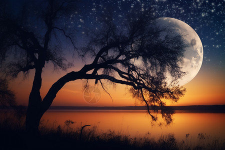 湖面美景月圆的美景设计图片