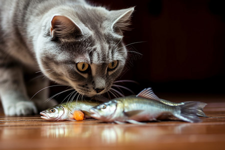 猫咪扑鱼可爱的猫咪和新鲜小鱼背景