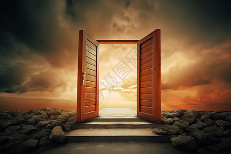 打开的木门天堂之门设计图片