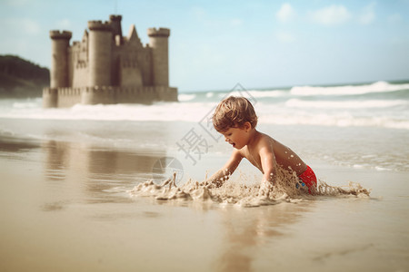 海滩上愉快玩耍的男孩背景图片