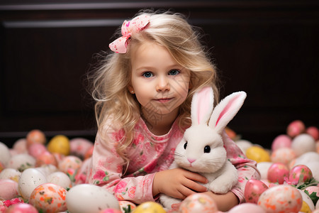 抱彩蛋的兔子抱着兔子玩偶的女孩背景