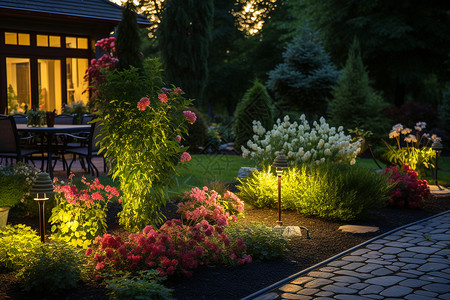 花园灯光种满花草的院子背景