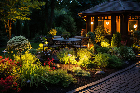 花园灯光暖光照耀下的美丽院子背景