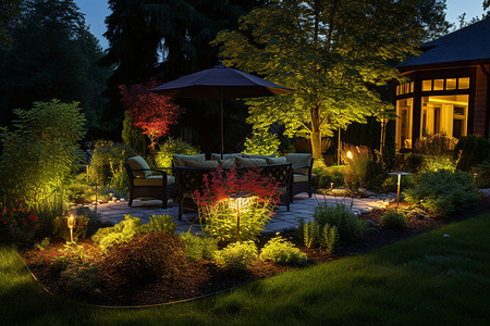 花园灯光夜晚美丽的庭院背景