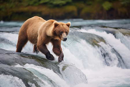 冬季瀑布上的棕熊图片