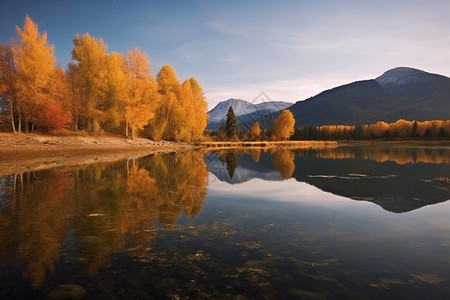秋季美丽的森林和湖泊背景图片