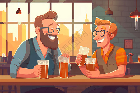 男人喝啤酒开心聊天喝酒的父子插画