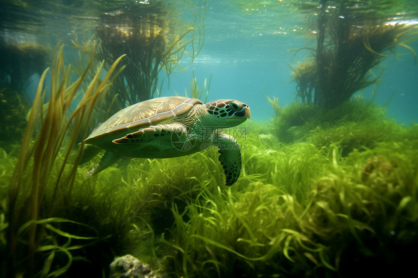 游在海草上方的海龟图片