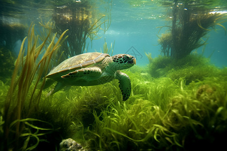 游在海草上方的海龟高清图片