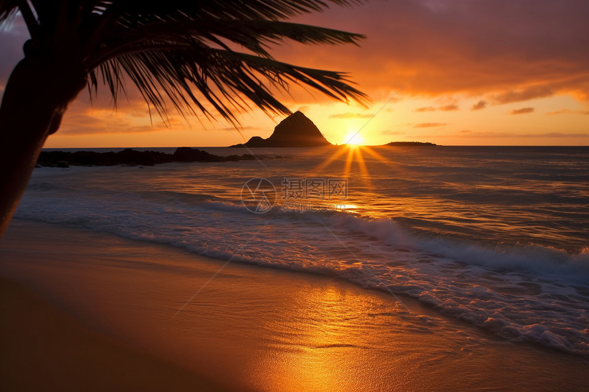 热带沙滩日落图片