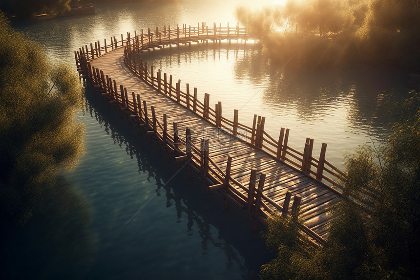 平静湖面上的竹桥图片