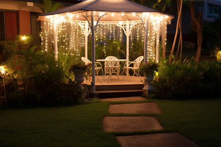 夏季庭院凉亭的夜晚景观背景图片