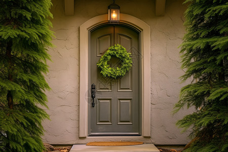 绿色的木门入口进房子高清图片