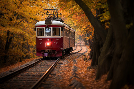 铁轨上落满落叶的场景图片