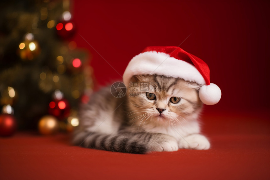 戴着圣诞帽的小猫图片