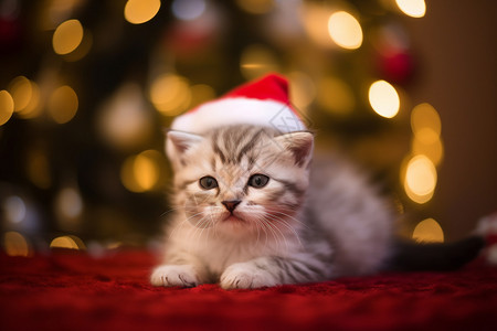 戴圣诞帽的短毛猫背景图片