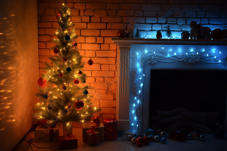 房间的圣诞树和壁炉图片