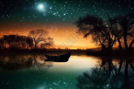 湖泊日落湖面的小船设计图片