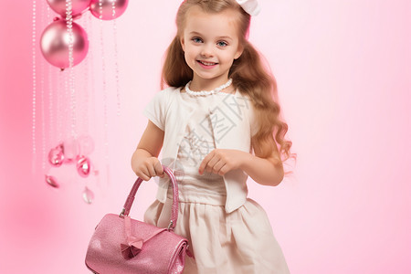 女孩拿着粉色包包高清图片