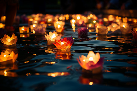 中元节祭拜河里的水灯背景