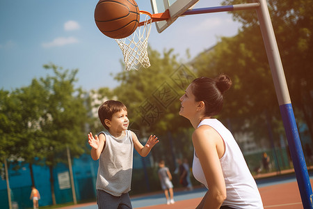 夏天打篮球陪孩子打篮球的妈妈背景