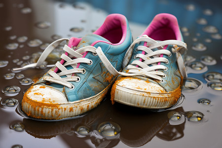 浸泡在水里的脏运动鞋高清图片