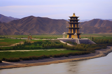 湖泊旁的建筑塔图片