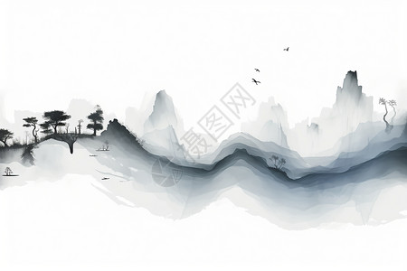 黑白高清中国风山水画插画