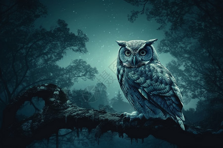 夜间森林中的猫头鹰图片