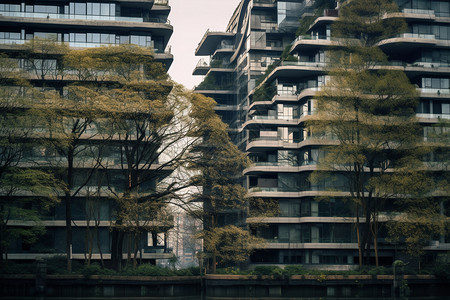 分布在建筑旁的树木图片