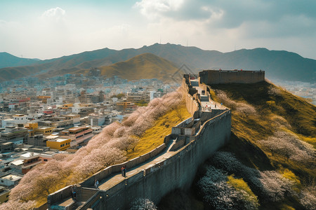 山脉中的旅游建筑背景图片