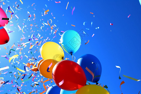 彩色庆祝彩带户外的气球和彩带背景