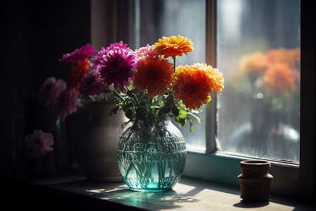 窗边明亮鲜艳的花背景图片