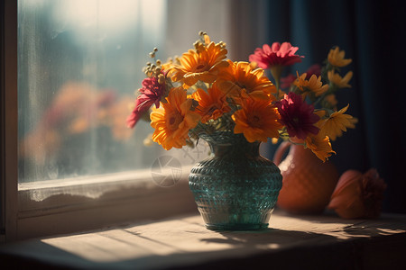 阳光照耀下窗台和花图片