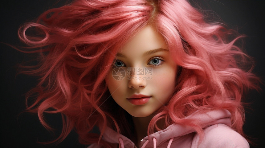 粉红色头发的可爱小女孩图片
