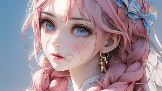 精致脸蓝色大眼睛闪闪发光粉红色的长发的女孩插画